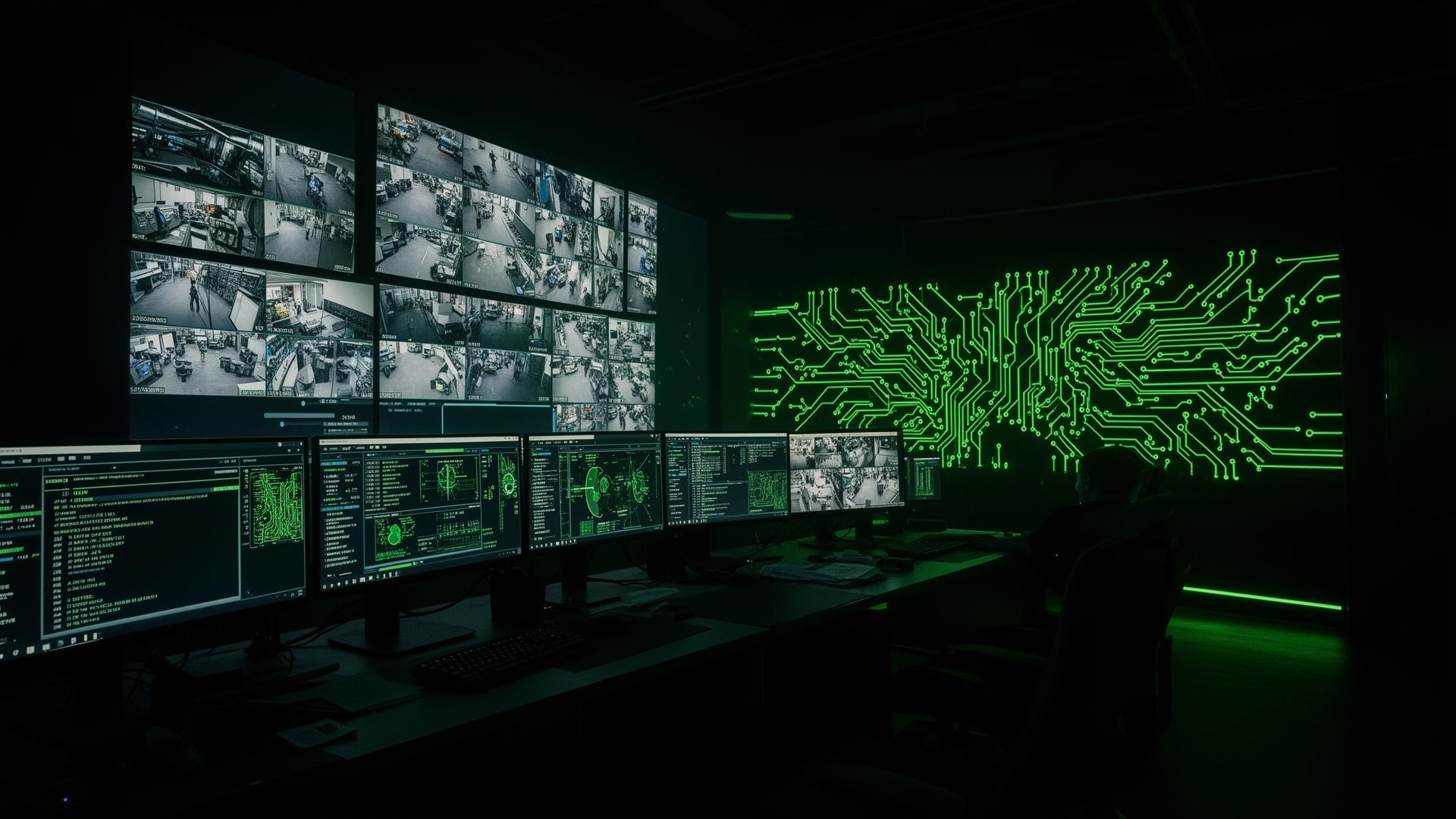 Security operations center with CCTV feeds and circuit board lighting